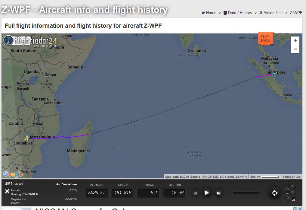 A screengrab of the image showing the Air Zimbabwe plane flight on which Mugabe flew. Graphic supplied.