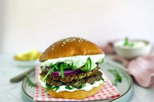 Homemade Beef Burger with Whipped Feta and Greek Yoghurt