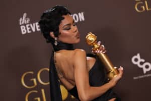 US actress Teyana Taylor poses in the press room with the Best Supporting Actress in a Motion Picture award for "One Battle After Another" during the 83rd annual Golden Globe Awards at the Beverly Hilton hotel in Beverly Hills, California, on 11 January 2026. Picture: Etienne Laurent / AFP