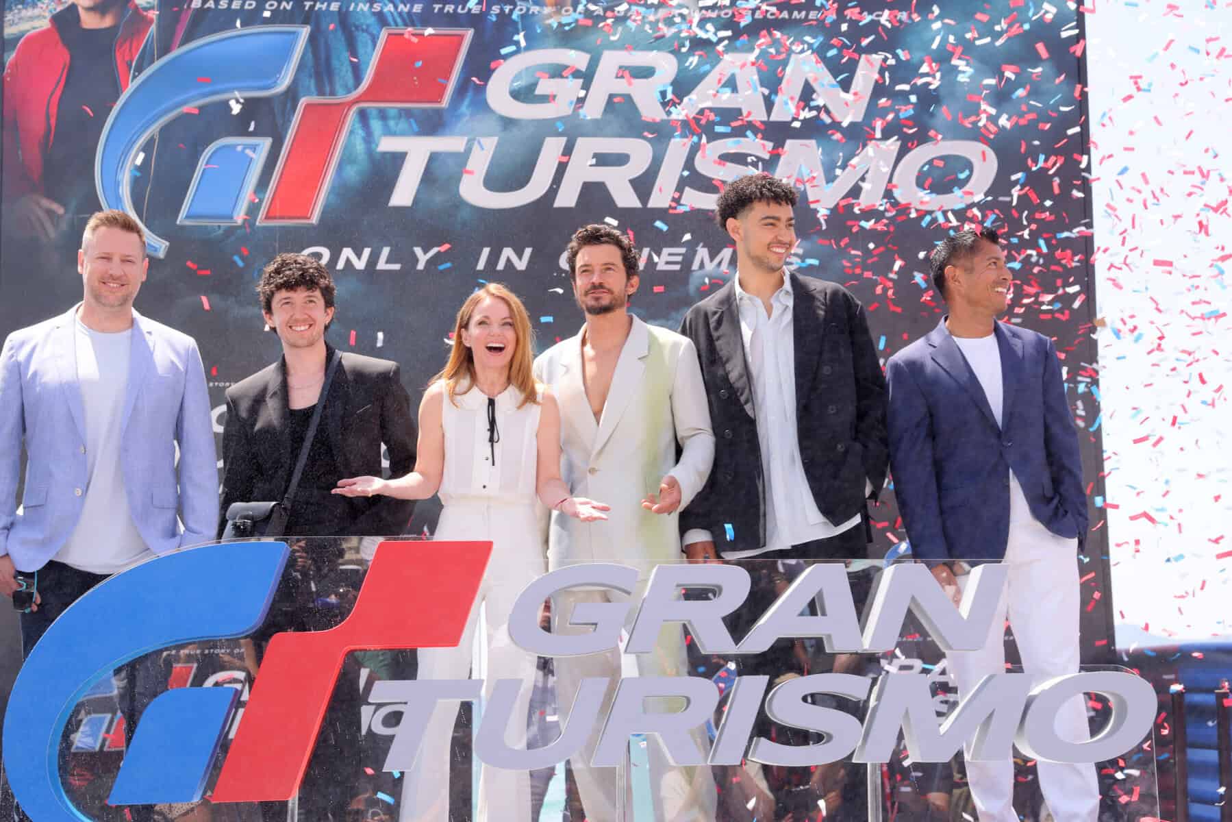 CANNES, FRANCE - MAY 26: GRAN TURISMO: THE MOVIE cast, (L-R) Neill Blomkamp, Maximilian Mundt, Geri Halliwell, Orlando Bloom, Archie Madekwe and Asad Qizilbash attend the 2023 Cannes Film Festival Photo Call on May 26, 2023 in Cannes, France. (Photo by Victor Boyko/Getty Images for Sony Pictures )